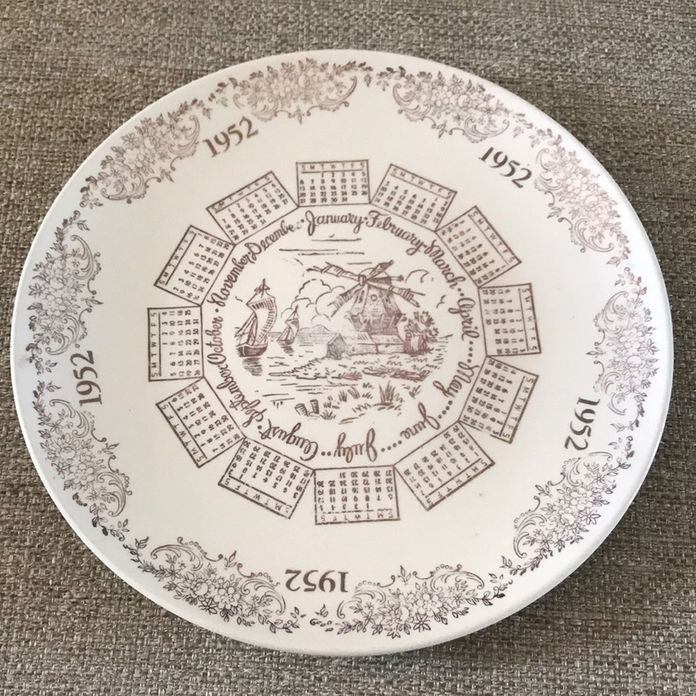 1952 Calendar Plate Gold Windmill and Ships